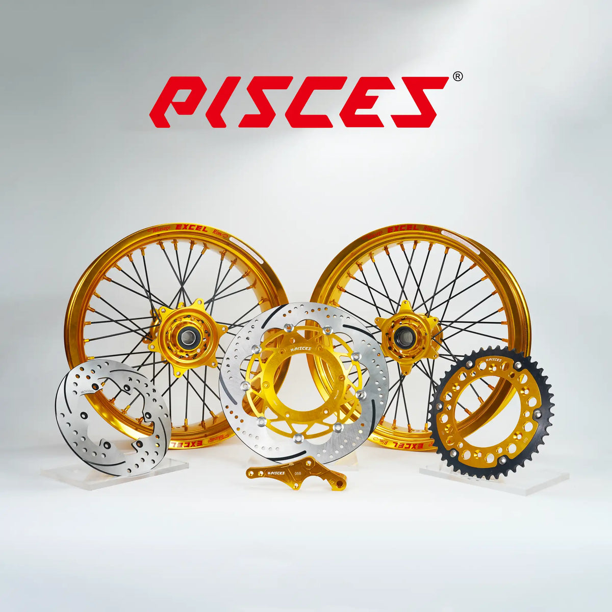 Ducati Desmo Single Color Excel Takasago Supermoto wheel kit — gold rim with gold hub, black spokes, gold nipples and gold brake kit — custom color reference