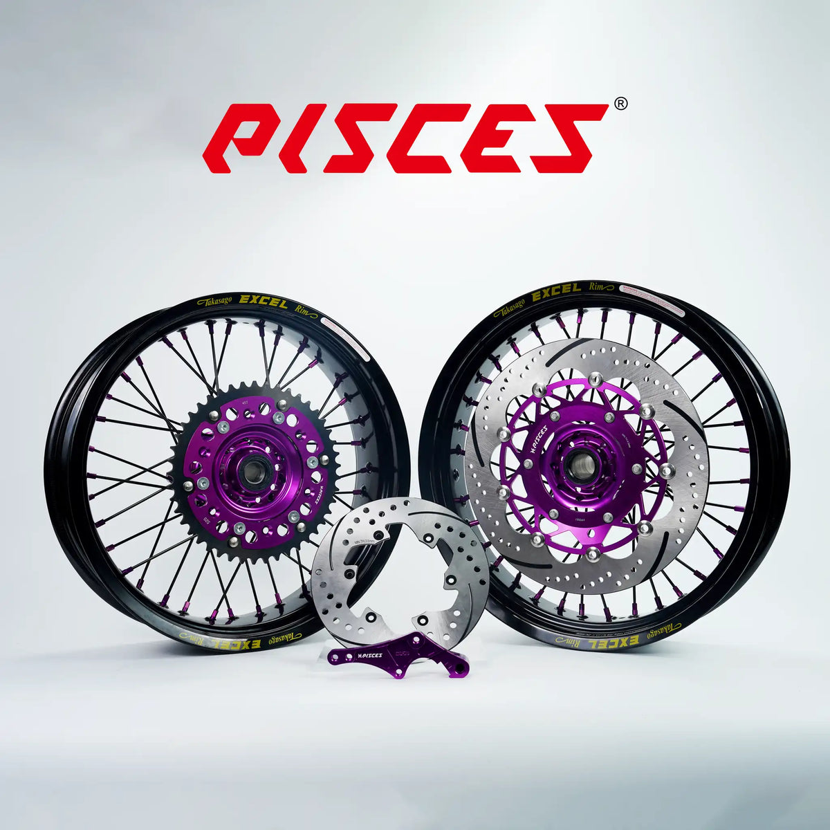 Fantic XE XEF XX Single Color Excel Takasago Supermoto wheel kit — black rim with purple hub, black spokes, purple nipples and purple brake kit — custom color reference