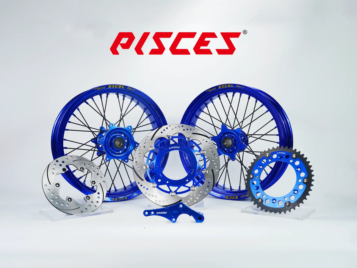 Fantic XE XEF XX Single Color Excel Takasago Supermoto wheel kit — blue rim with blue hub, black spokes, blue nipples and blue brake kit — custom color reference
