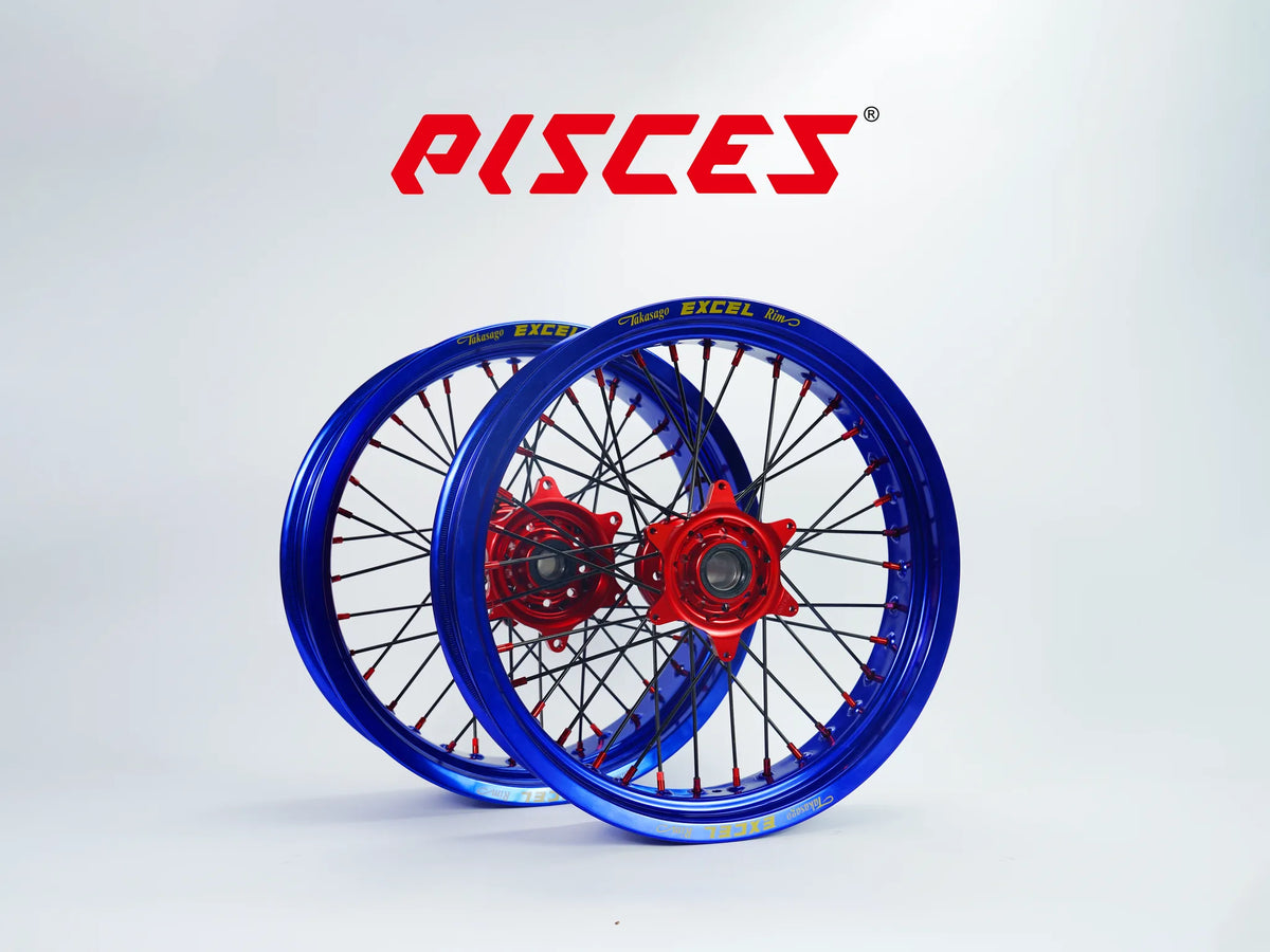 Fantic XE XEF XX Single Color Excel Takasago Supermoto wheels — blue rim with red hub, black spokes and red nipples — custom color reference