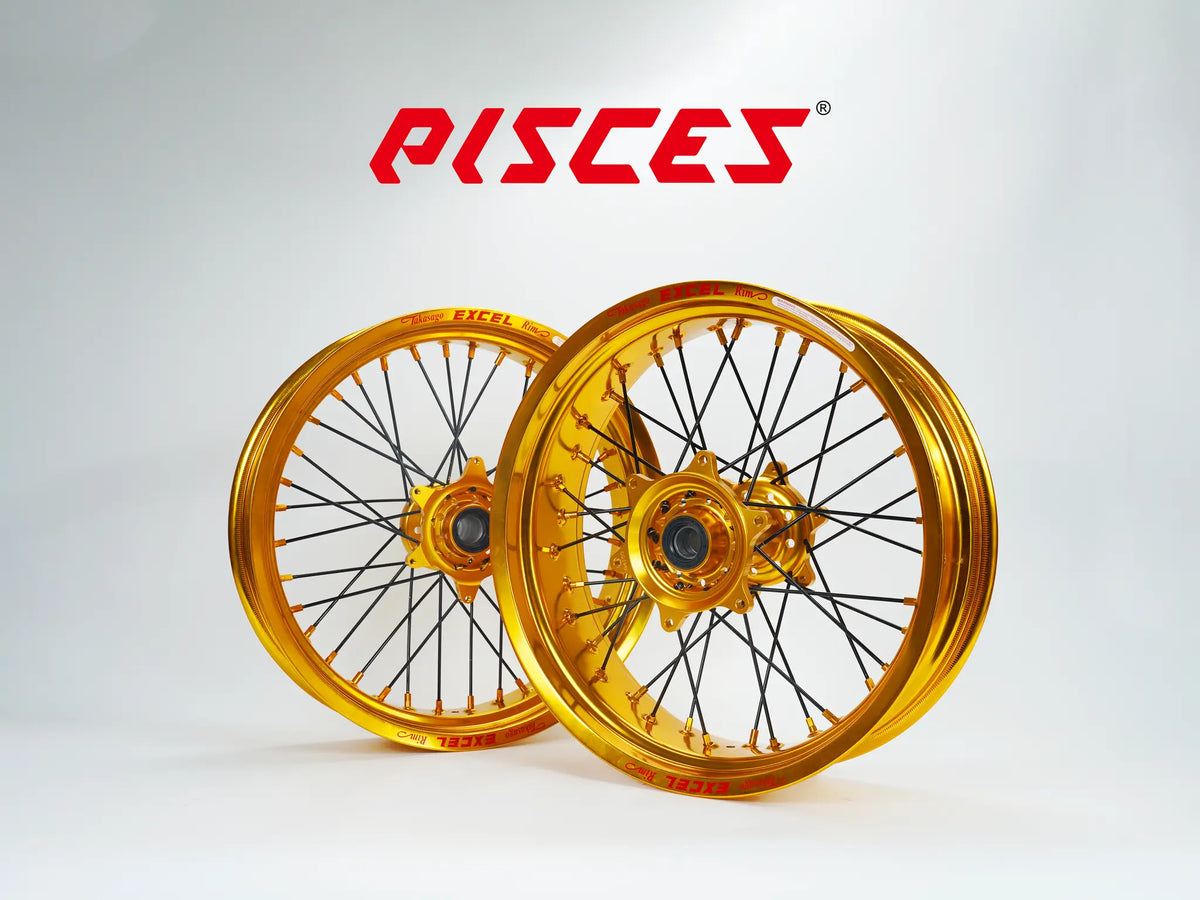 Fantic XE XEF XX Single Color Excel Takasago Supermoto wheels — gold rim with gold hub, black spokes and gold nipples — custom color reference