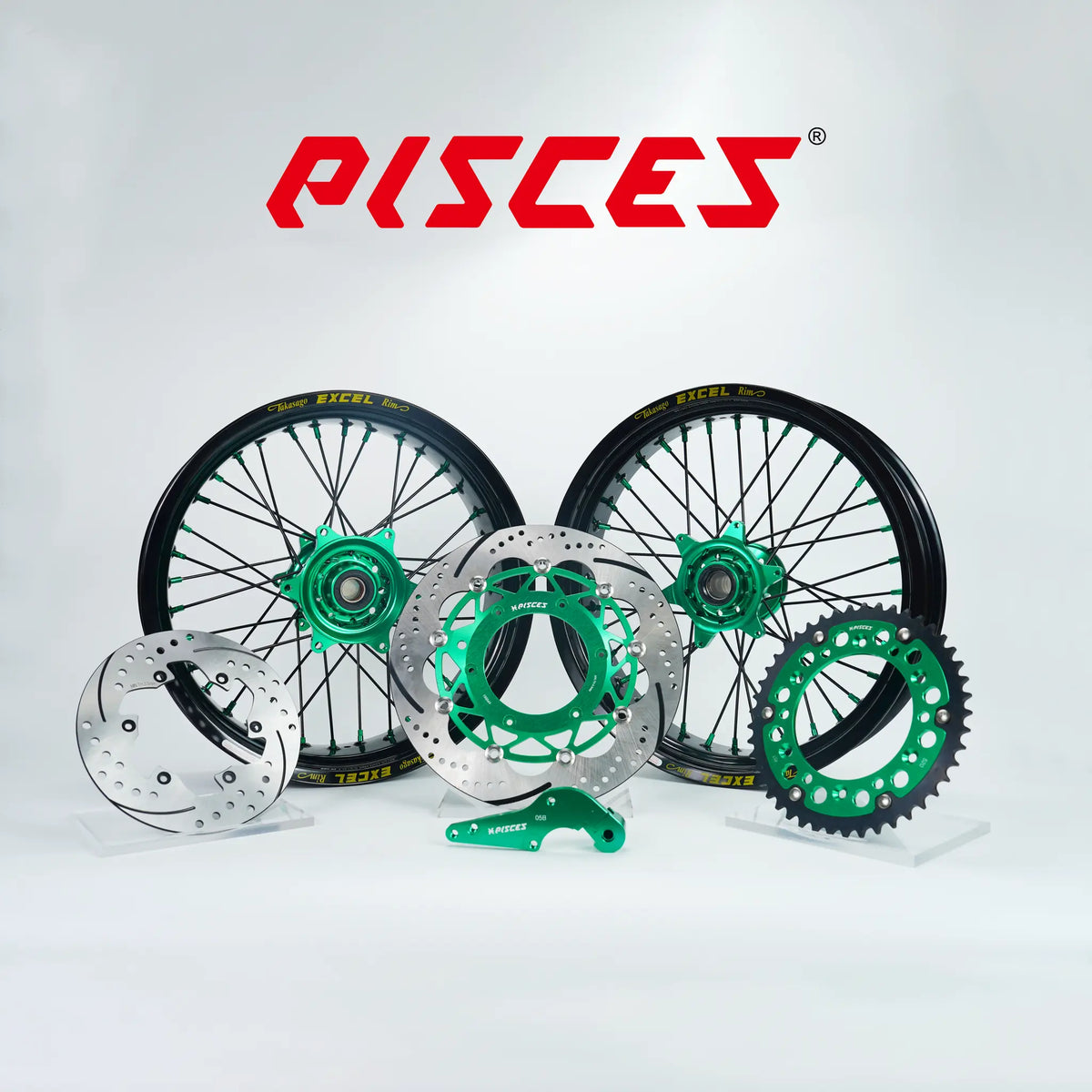 Kawasaki KX KX-F KX-X Single Color Excel Takasago Supermoto wheel kit — black rim with green hub, black spokes, green nipples and green brake kit — custom color reference