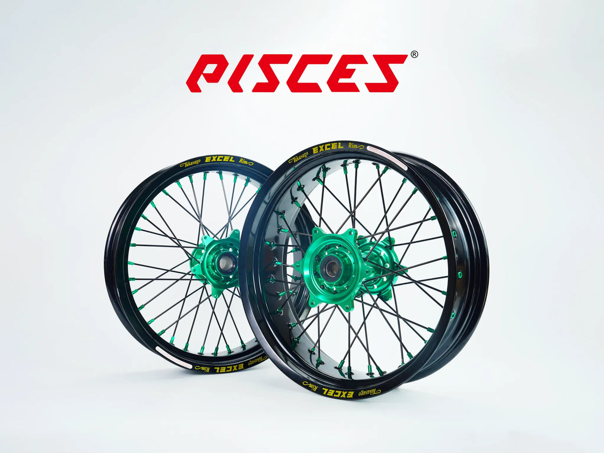 Kawasaki KX KX-F KX-X Single Color Excel Takasago Supermoto wheels — black rim with green hub, black spokes and green nipples — custom color reference