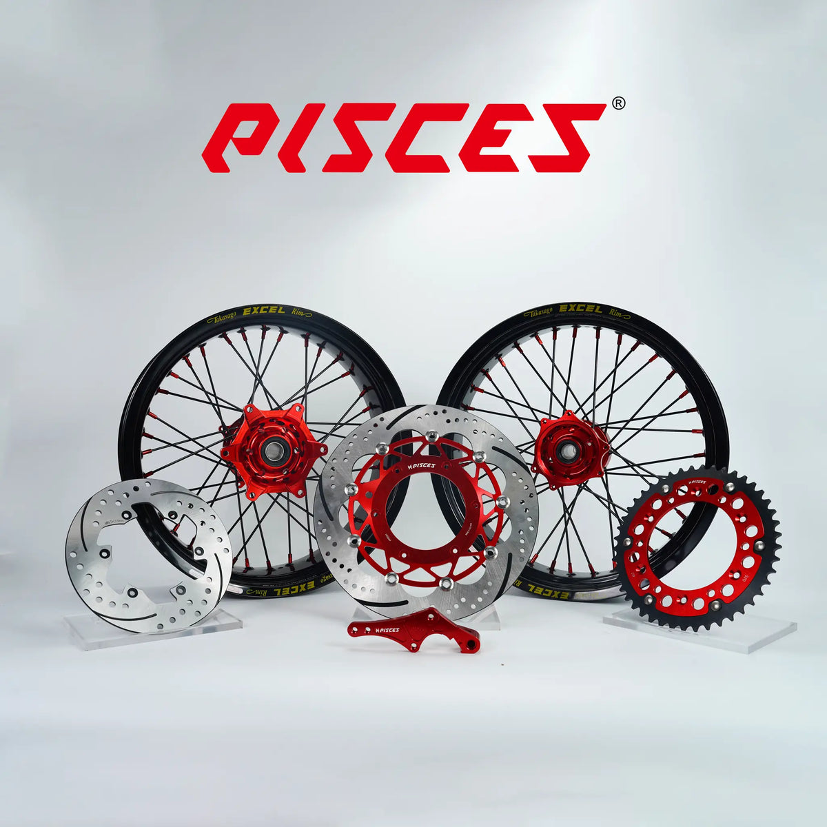 Kit de roues Excel Takasago Supermoto KTM EXC SX-F SMR Couleur Unique — jante noire, moyeu rouge, rayons noirs, nipples rouges et kit de freinage rouge — référence de couleur personnalisée