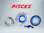 Pisces custom supermoto brake kit 320mm in blue, including blue front brake disc, silver rear brake disc, blue sprocket and blue offset bracket.