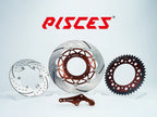 Pisces custom supermoto brake kit 320mm in brown, including brown front brake disc, silver rear brake disc, brown sprocket and brown offset bracket.