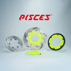 Pisces custom supermoto brake kit 320mm in fluorescent yellow, including fluorescent yellow front brake disc, silver rear brake disc, fluorescent yellow sprocket and fluorescent yellow offset bracket.