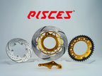 Pisces custom supermoto brake kit 320mm in gold, including gold front brake disc, silver rear brake disc, gold sprocket and gold offset bracket.