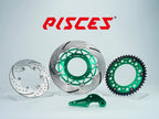 Pisces custom supermoto brake kit 320mm in green, including green front brake disc, silver rear brake disc, green sprocket and green offset bracket.