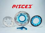 Pisces custom supermoto brake kit 320mm in light blue, including light blue front brake disc, silver rear brake disc, light blue sprocket and light blue offset bracket.