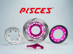 Pisces custom supermoto brake kit 320mm in pink, including pink front brake disc, silver rear brake disc, pink sprocket and pink offset bracket.