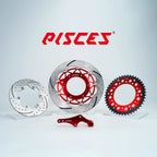 Pisces custom supermoto brake kit 320mm in red, including red front brake disc, silver rear brake disc, red sprocket and red offset bracket.