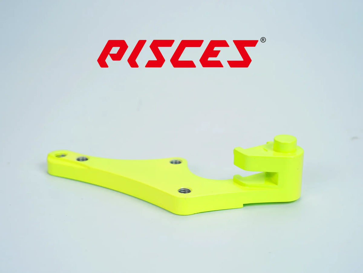 Support déporté supermoto personnalisé Pisces 320mm en jaune fluo, vue arrière.