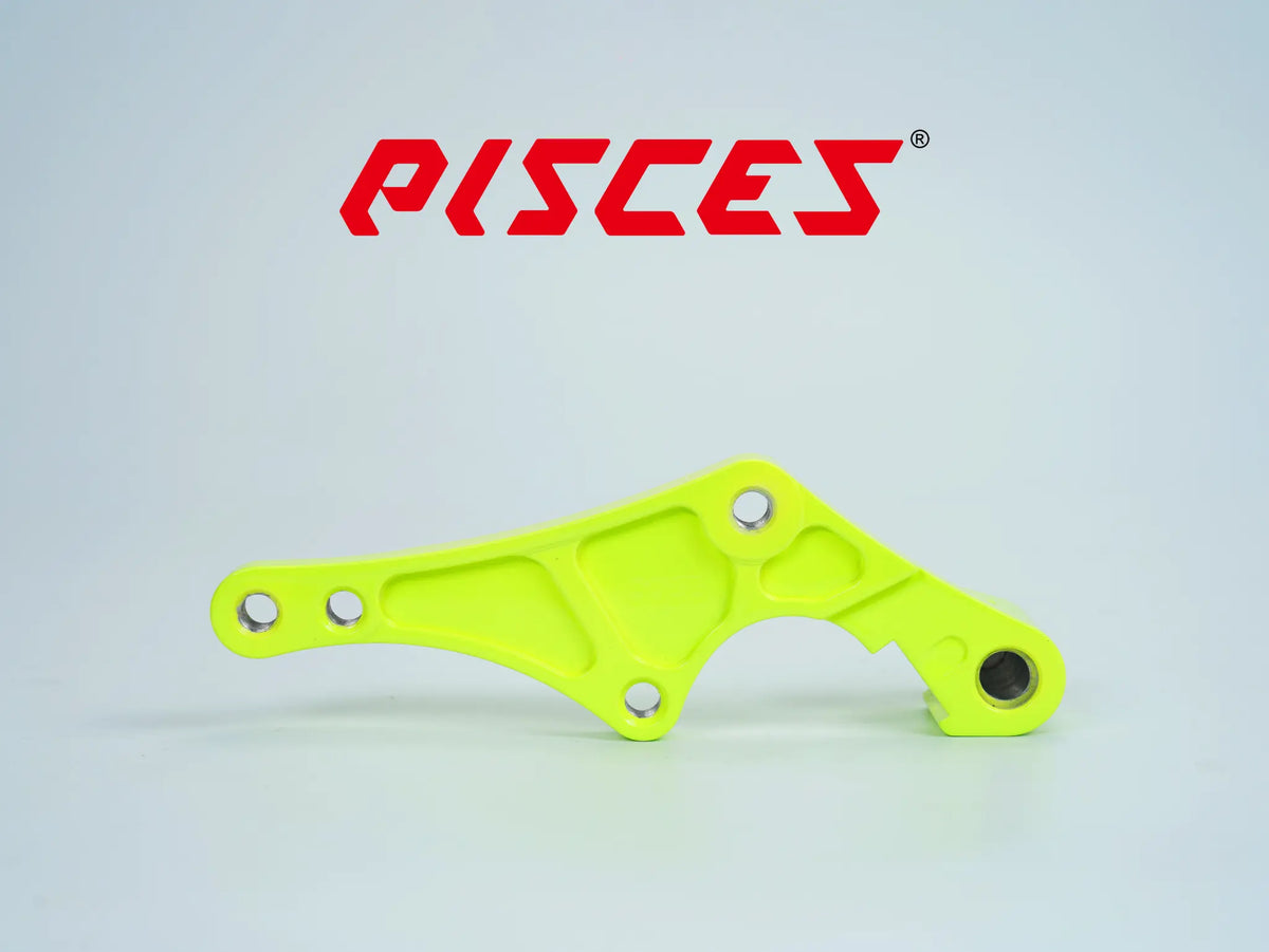 Support déporté supermoto personnalisé Pisces 320mm en jaune fluo, vue de face.