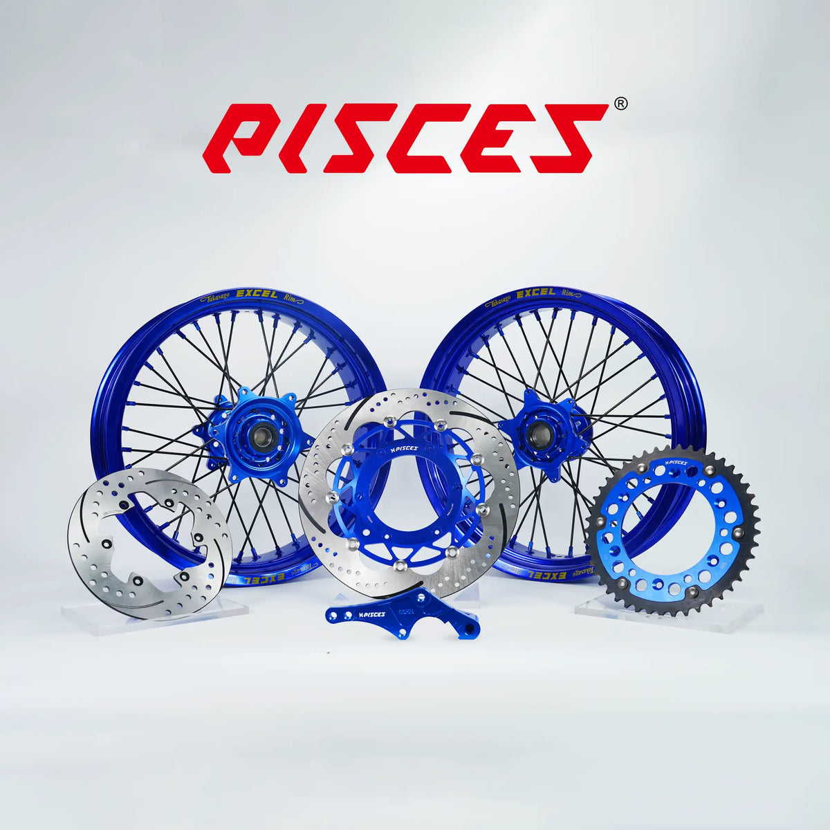 Kit de roues Excel Takasago Supermoto TM Racing EN MX CC Couleur Unique — jante bleue, moyeu bleu, rayons noirs, nipples bleus et kit de freinage bleu — référence de couleur personnalisée
